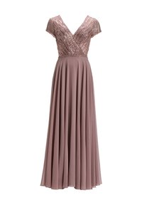 Robe rose pâle avec des manches courtes, ornée de perles sur le corsage et d'une jupe plissée et fluide. Design élégant, longueur au sol.