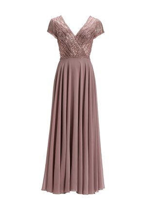 Blush-pink Kleid mit kurzen Ärmeln, verzierten Perlenarbeiten am Oberteil und einem fließenden, plissierten Rock. Schlankes, bodenlanges Design.