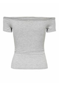 Grå off-the-shoulder top med korte ærmer. Lavet af blødt, strækbart materiale. Har en tætsiddende design og glat overflade. Sømløs halsudskæring.