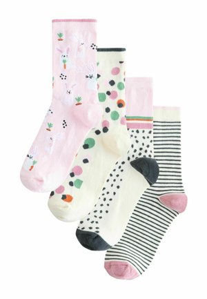 Set of four pairs of cotton socks featuring various patterns: pink with bunnies, polka dots, green stripes, and black stripes with pink accents.