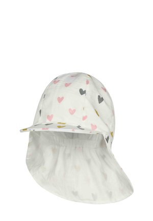 Weißer Sonnenhut für Kinder mit flexiblem Rand und Nackenschutz, verziert mit Herzmustern in Pink, Grau und Senfgelb.