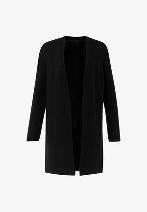 Schwarze Strickjacke mit offenem, langem Vorderteil, langen Ärmeln und glatter Textur. Keine Verschlüsse, ideal für das Layering.