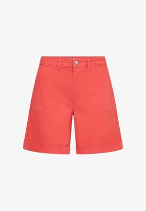 Koraalkleurige katoenen shorts tot op de knie met voorzakken, riemlussen, knoop- en ritssluiting en omgeslagen zoom.