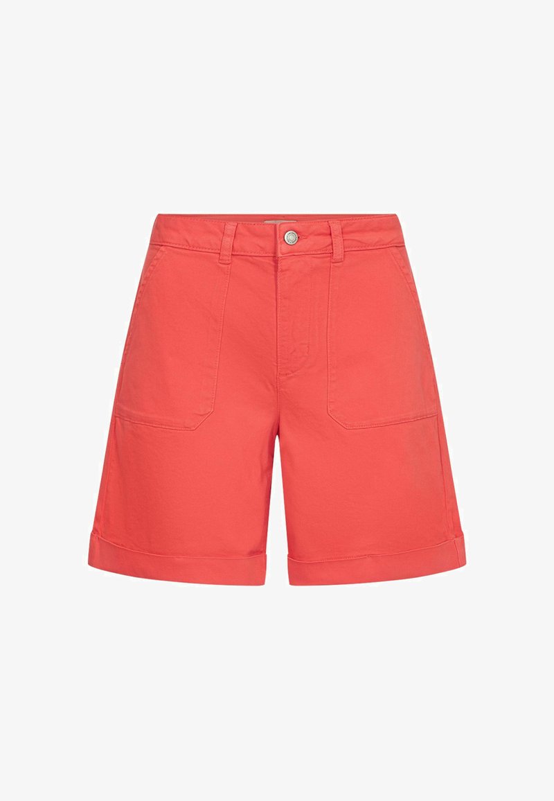 Shorts en coton couleur corail, longueur genou, avec poches plaquées à l'avant, passants pour ceinture, fermeture à bouton et zip, et ourlets pliés.