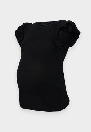 Μαύρη ριγέ μπλούζα εγκυμοσύνης με κοντά μανίκια και λεπτομέρειες από φραμπαλά. Ο σχεδιασμός είναι εφαρμοστός και έχει στρογγυλή λαιμόκοψη.