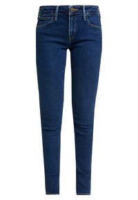Mörkblå denim skinny jeans med traditionell femficksdesign, dragkedja och lite stretch för komfort.