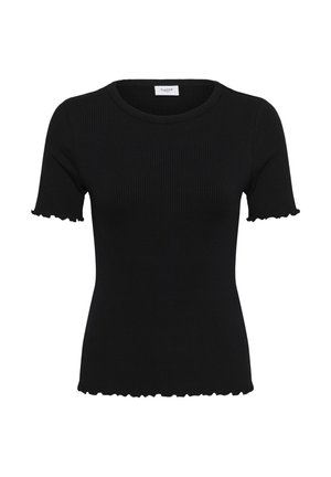 Haut noir côtelé à manches courtes avec un ourlet légèrement volanté. Encolure ronde et coupe ajustée. Confectionné dans un tissu extensible pour plus de confort.