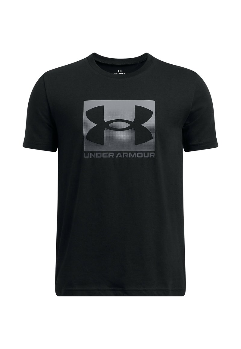 T-shirt noir à manches courtes avec un carré dégradé gris affichant le logo Under Armour et le texte "UNDER ARMOUR" centré sur la poitrine.