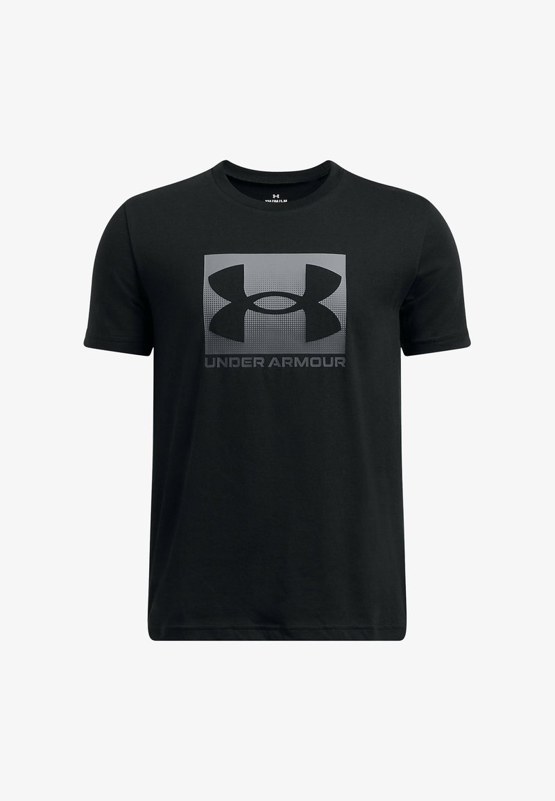 Melns īsām piedurknēm T-krekls ar pelēku gradienta kvadrātu, kas satur Under Armour logo un tekstu "UNDER ARMOUR" centrēti uz krūtīm.