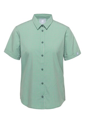 Korte mouwen overhemd met groene en witte geruite ruitjes, puntige kraag en een klein logo op de linkermouw manchet.