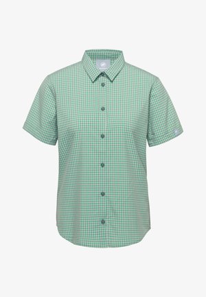 Korte mouwen overhemd met groene en witte geruite ruitjes, puntige kraag en een klein logo op de linkermouw manchet.