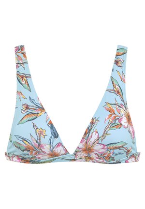 Driekhoek bikinitop met een lichtblauwe achtergrond versierd met kleurrijke bloempatronen en dunne verstelbare bandjes.