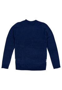 Maglione lavorato a maglia blu navy con maniche lunghe, scollo rotondo, orlo a coste e dettagli bianchi sul lato inferiore. Texture morbida.