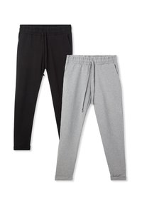 Due pantaloni da jogging: uno nero e uno grigio. Entrambi presentano un elastico in vita, un cordoncino, tasche laterali e caviglie affusolate.