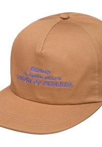 Brown cap made of textured fabric; features embroidered text in purple, stating "The Original Single to Visions of Paradise." Flat brim design.