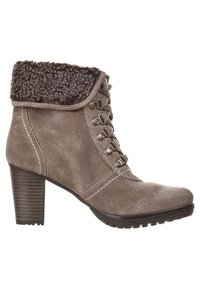 Stivale alla caviglia in suede taupe con lacci sul davanti, risvolto in pelliccia finta, tacco a blocco impilato e suola robusta per l'inverno.