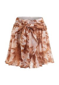 Jupe légère et transparente avec un motif floral dans des tons bruns chauds. Dotée d'une taille ceinturée et d'un design évasé avec des tissus superposés.