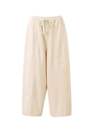 Beige brede broek met elastische tailleband en trekkoord, met verticale naden en een ontspannen pasvorm.