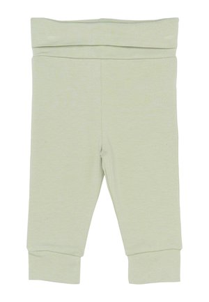 Pantaloni din bumbac de culoare verde deschis, cu o textură moale, talie lată și manșete ajustate la glezne. Design simplu, fără ornamente.