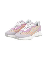 Helle lila Sneaker mit gewebten, mehrfarbigen Akzenten, weißen Schnürsenkeln und einer strukturierten Sohle. Wildleder- und Stoffmaterialien ergänzen das Design.