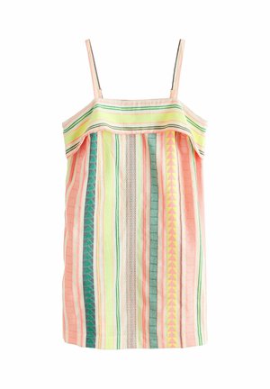 Letnia sukienka bez rękawów z cienkimi ramiączkami, z pionowymi paskami w pastelowych odcieniach różu, żółci i zieleni oraz geometrycznymi wzorami.