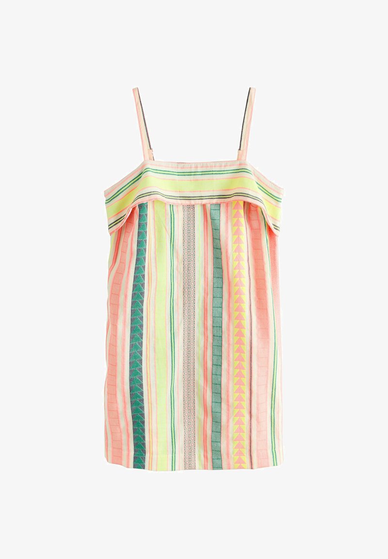 Robe d'été sans manches avec fines bretelles, présentant des rayures verticales dans des nuances pastel de rose, jaune, vert, et des motifs géométriques.