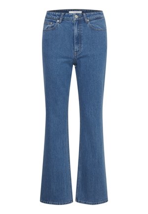 High-waisted flared jeans in medium blue denim, featuring front pockets, a zip fly, and classic stitching for durability.