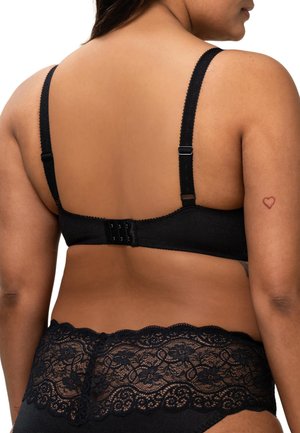 Zwarte beha met verstelbare bandjes, kanten accenten en een haak-en-oogsluiting. Zachte stof met gedetailleerd kanten randje op de tailleband.