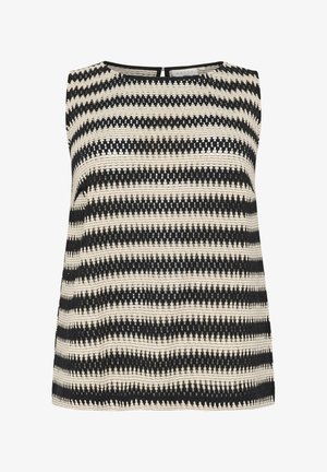 Top sans manches en tissu tissé avec des rayures horizontales noires et crème, doté d'un col rond et d'une fermeture éclair discrète au dos.