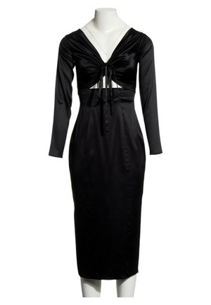 Robe midi en satin noir avec manches longues, décolleté profond en V, devant froncé noué avec de fines rubans et découpes sous la poitrine.