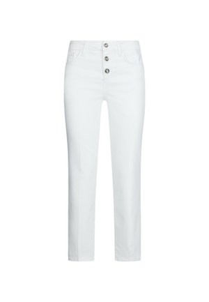 White denim trousers with a straight leg design, five-button closure, and front pockets. The fabric has a smooth texture.