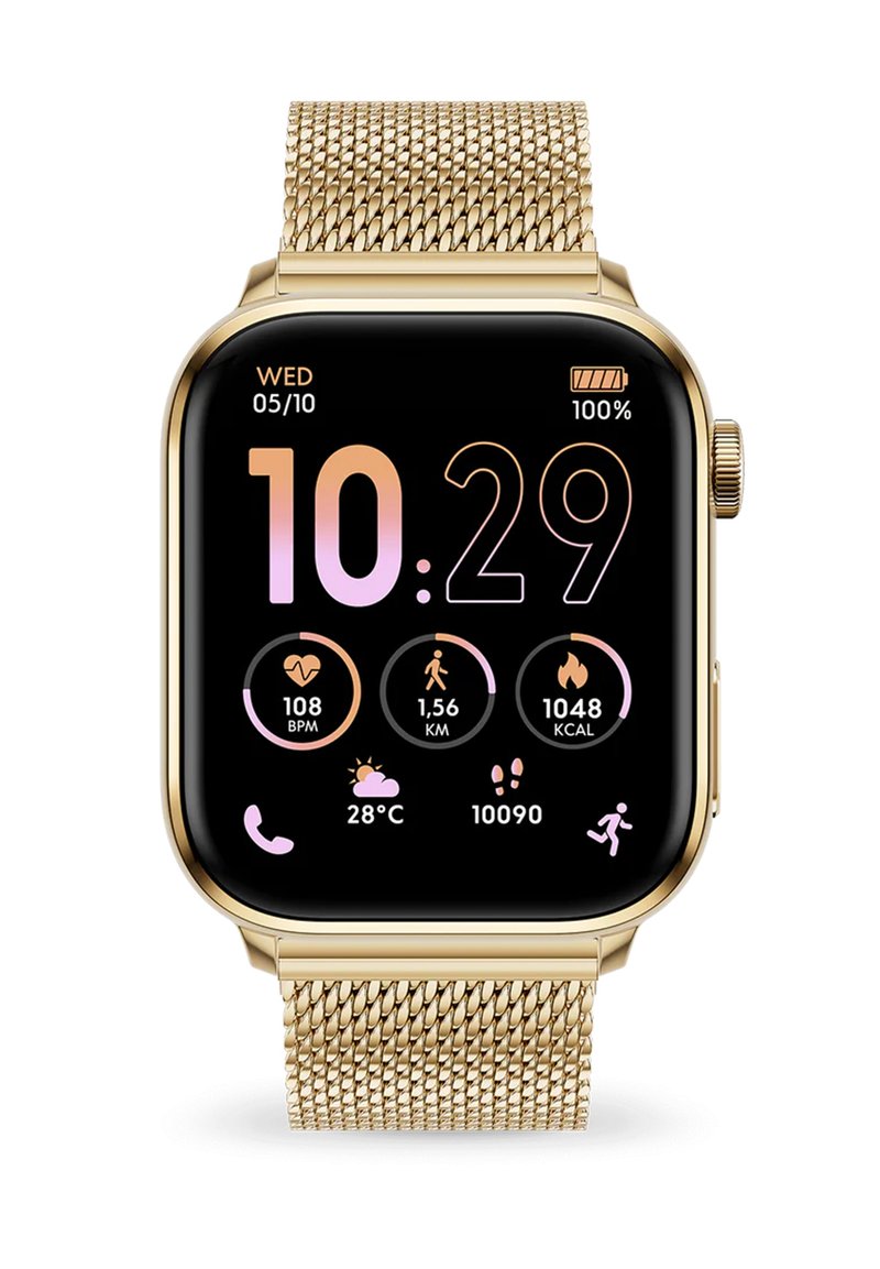 Złoty smartwatch z kwadratowym wyświetlaczem, czarnym ekranem, cyfrowym czasomierzem i wskaźnikami zdrowia. Metalowa siatkowa bransoleta z bezpiecznym zapięciem.