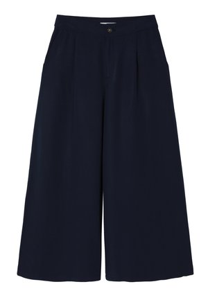 Pantaloni culotte blu navy realizzati in tessuto testurizzato, con una parte anteriore piatta, due tasche laterali e una chiusura con bottone singolo in vita.