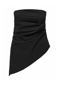 Must blunt prügita kaelusega ülikond, mis on valmistatud pehmest, tekstuuriga kangast, omades asümmeetriat disaini, kogutud detailidega ja voolavat siluetti.