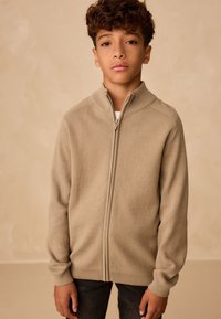 Ragazzo con i capelli ricci che indossa un sweater beige con zip e pantaloni scuri, in piedi contro uno sfondo beige semplice, guardando avanti.