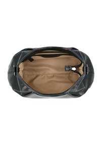 Black leather handbag with a soft, textured exterior. Features a zipper closure and a spacious beige fabric interior. No pockets visible.