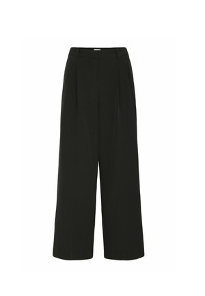 Pantalons larges noirs à taille haute avec un design à plis à l'avant. Fabriqués en tissu lisse, avec des poches latérales et une silhouette ajustée.