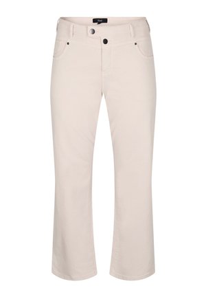 Beige ausgestellte Hose aus Baumwolle mit Reißverschluss und Knopfverschluss, fünf Taschen und kontrastierenden Nähten.