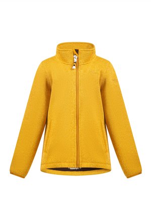 Gelbe Fleecejacke mit durchgehendem Reißverschluss, hohem Kragen und zwei Seitentaschen, dargestellt auf weißem Hintergrund.