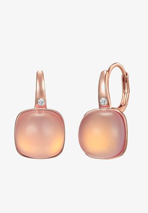 Roze gouden oorbellen met ronde, doorzichtige stenen die van roze naar oranje vervagen. Elke oorbel heeft een kleine diamantaccent.