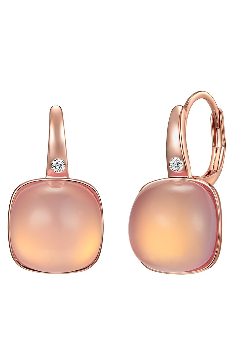 Orecchini in oro rosa con pietre rotonde e traslucide che passano dal rosa all'arancio. Ogni orecchino presenta un piccolo accento di diamante.