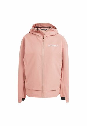 Veste Terrex rose clair avec fermeture éclair, capuche et poches latérales. Avec des poignets élastiques et un branding discret sur la poitrine.