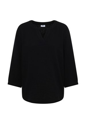 Blouse noire à manches longues avec un col rond et une petite encolure en V à l'avant, réalisée en tissu léger.