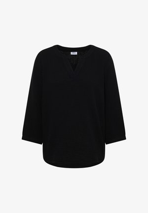 Blusa nera a maniche lunghe con scollo tondo e un piccolo intaglio a V sul davanti, realizzata in tessuto leggero.