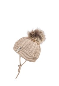 Knit beanie in light beige with a cable pattern, a fluffy faux fur pom-pom on top, and a chin tie for secured fit.