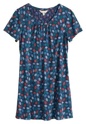 Blouse bleu marine à manches courtes avec col rond, présentant un motif de petites feuilles multicolores rouges, blanches et bleu-vert.