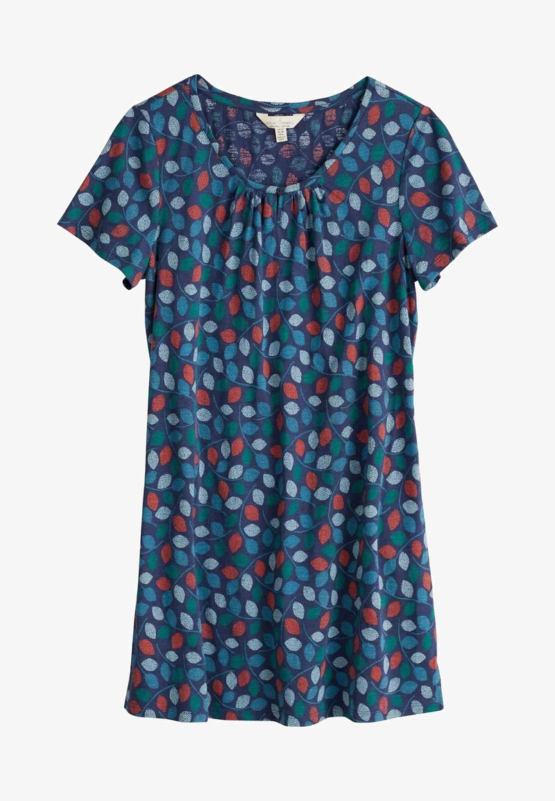 Blouse bleu marine à manches courtes avec col rond, présentant un motif de petites feuilles multicolores rouges, blanches et bleu-vert.