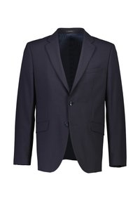 Donker marineblauwe herenblazer met notch-lapels, twee knopen, twee klepzakken en één borstzak, weergegeven op een witte achtergrond.
