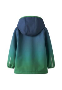 Veste imperméable avec un design dégradé allant du bleu au vert, dotée d'une capuche, de poignets élastiques et d'accents réfléchissants sur les manches.