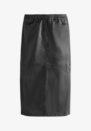 Schwarzer Leder-Bleistiftrock mit mittellangem Schnitt, verfügt über zwei vordere Taschen und eine subtile Stitching-Details. Glatte Textur mit einem eleganten Finish.